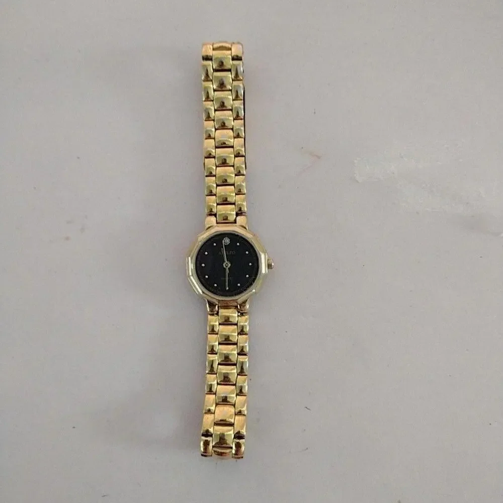 Adolfo Womens Watch Gold Tone Black Dial Bracelet Quartz Dress Needs Battery